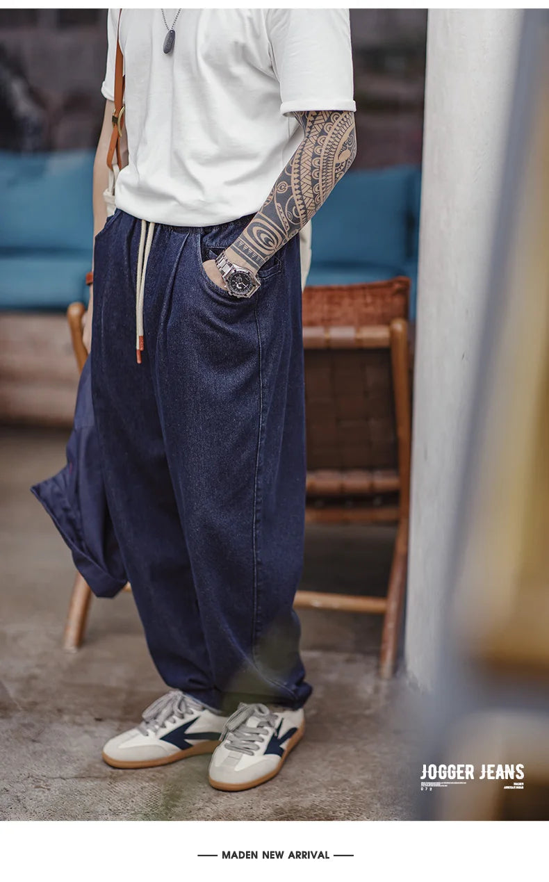 Maden Casual 10oz Jogger Denim Jeans with Elastic Waist Drawstring Washed Straight Trousers for Men's Spring and Autumn Pants