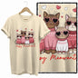 COOLMIND 100% Cotton Beige Cat Print Exclusive Graphic Women T Shirt Big Size Loose Cotton Cat Lover Women T Shirt Lovely Cat Te