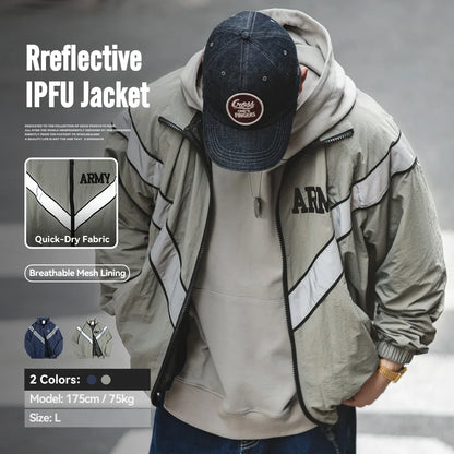 Maden Bomber Jackets For Men Vintage Training Coat Vibe Wind Reflective Hooded Quick-drying Jacket Male Blue