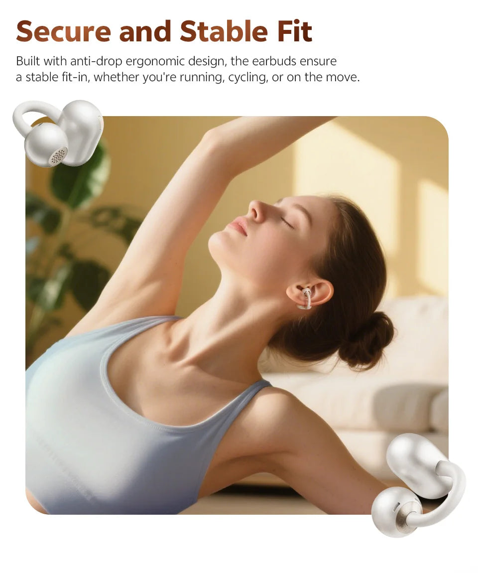 QCY CT06 Open Ear Wireless Earbuds with 4-Mic Calls and Bass Boost - Bluetooth 6.0 Clip-On Sports Headphones with 35 Hours Playtime - ShopHub