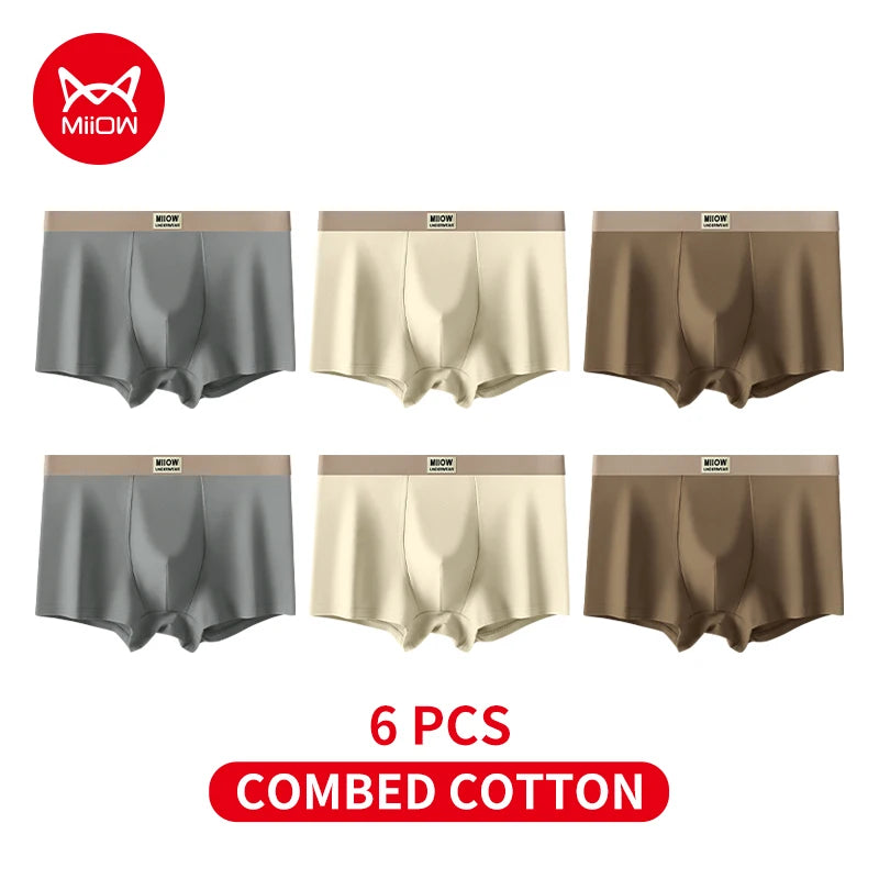 MiiOW 6Pcs Breathable Cotton Men's Underwear - Combed Cotton Antibacterial Boxer Briefs