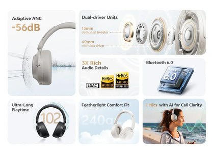 QCY Wireless Bluetooth Headphones 6.0 BH25H3SA - 3D Spatial Audio, Foldable Over Ear Headset with 56dB Adaptive ANC and 53mm Driver - ShopHub