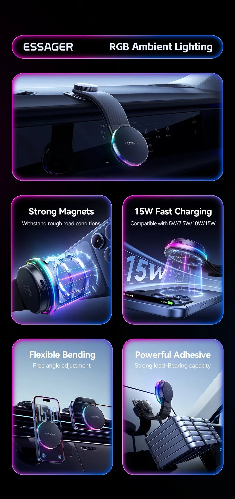 Essager 360° Free Rotation Magnetic Car Phone Holder and LED 15W Wireless Charger Stand - ShopHub