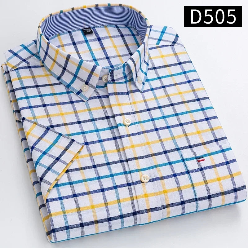 100% Cotton Men's Breathable Cotton Plaid Shirt - Short Sleeve Oxford Summer Striped Regular Fit Oversized Clothing