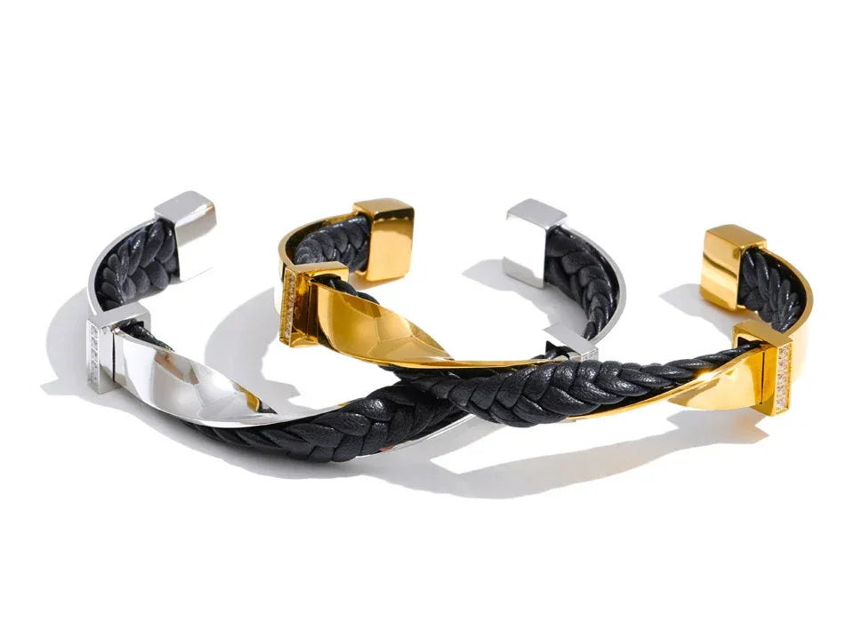 68mm Black Leather Stainless Steel Twisted Cuff Bracelet - ShopHub