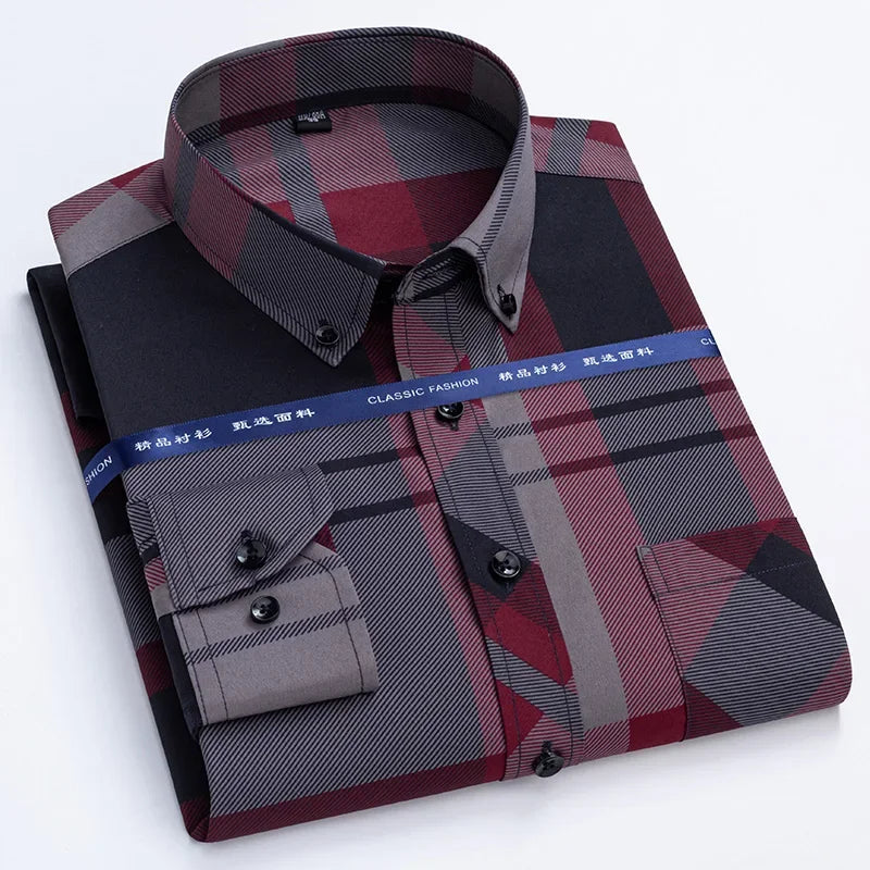 Men's Non-Iron Dress Shirts for Spring Autumn | Anti-Wrinkle Business Casual Thin Plaid Slim Fit Chemise Homme