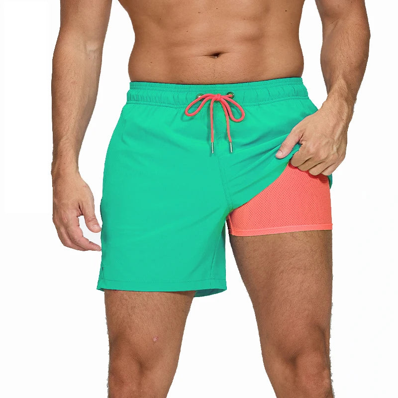Men's summer boardshorts with elastic waist, side zipper pocket, polyester and spandex, designed for gym, beach, and swim.