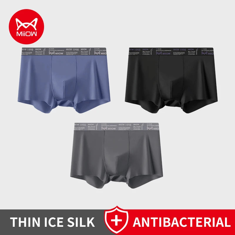MiiOW Ice Silk Men Underwear - 3Pcs Breathable Ultra-thin Antibacterial Boxers for Ultimate Comfort