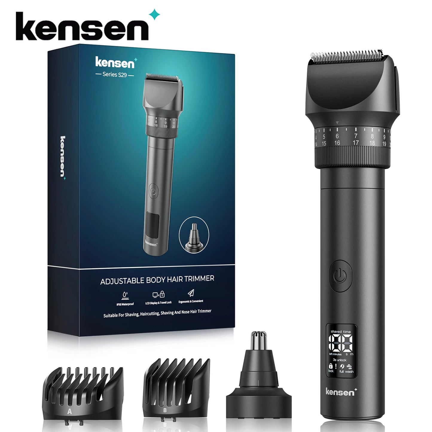 Kensen S29 Hair Trimmer - 2 in 1 Adjustable Hair Clipper Kit with Electric Razor for Wet/Dry Hair Cutting and Nose Hair Trimming