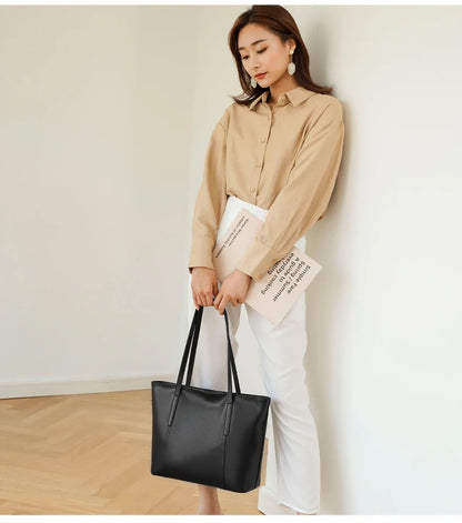 FOXER Split Leather Shoulder Bag for Women Simple Large Capacity Tote Lady Classic Black Handbag Gift for Wife, Lover