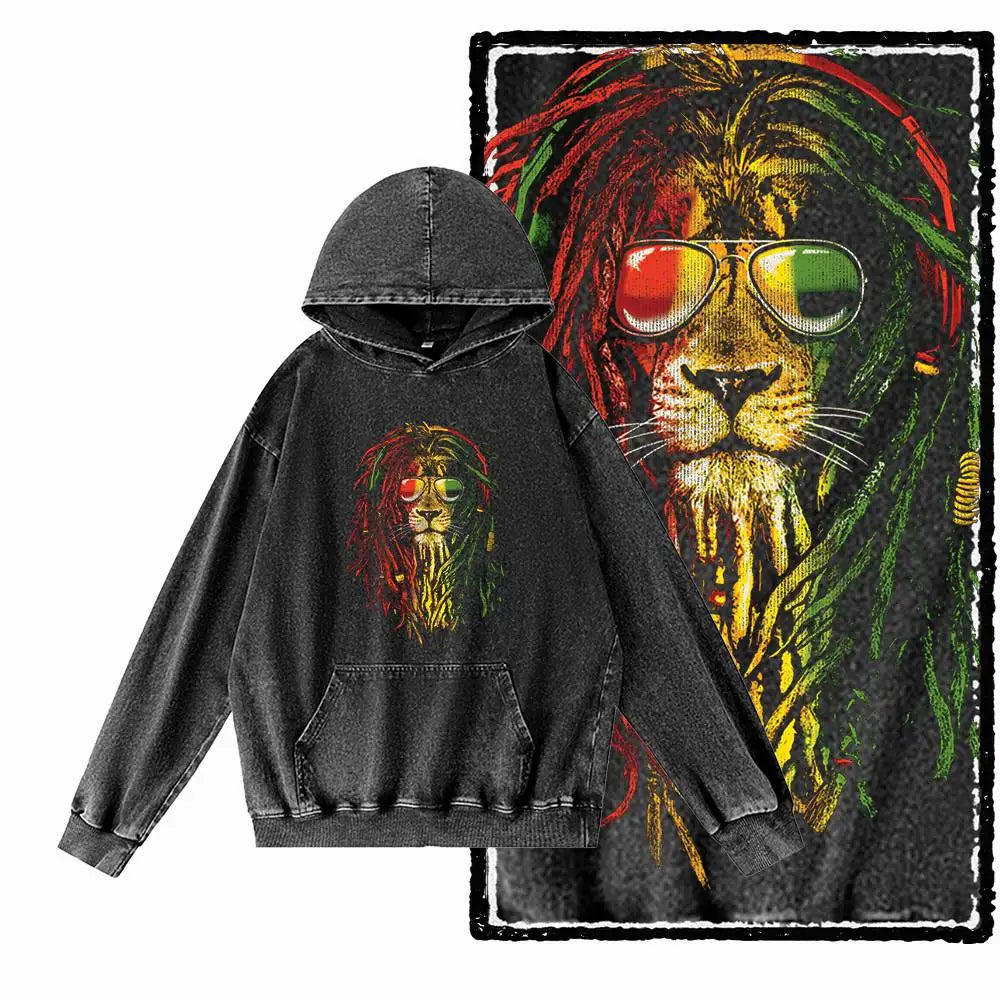 COOLMIND Lion Graphic Pullover | Acid-Washed Black