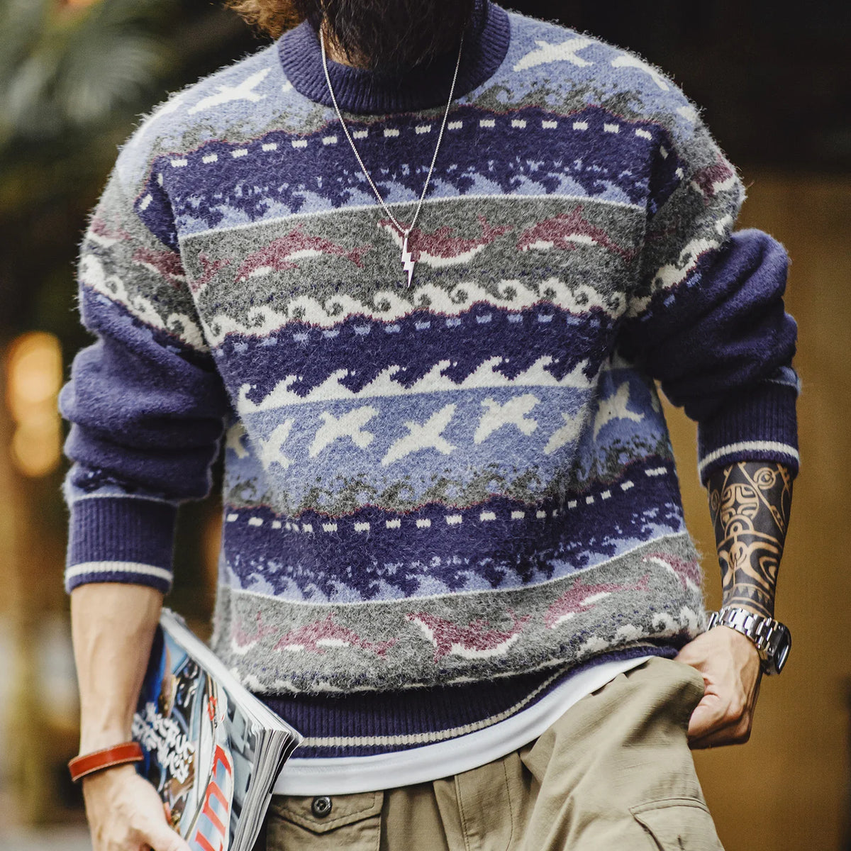 MADEN Blue Fair Isle Crew-Neck Sweater