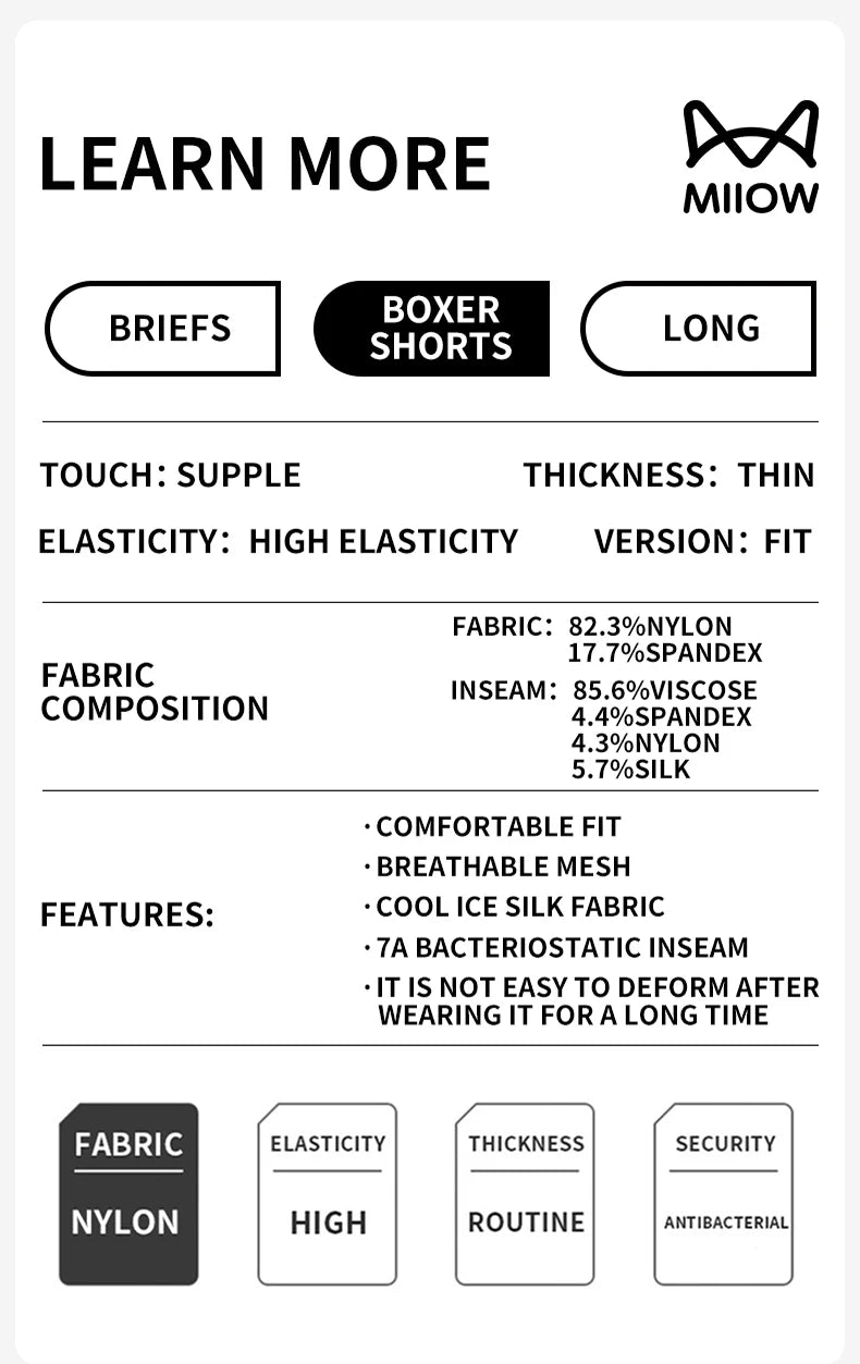 MiiOW Men's Breathable Silk Boxers - 3Pcs Ice Silk Underwear