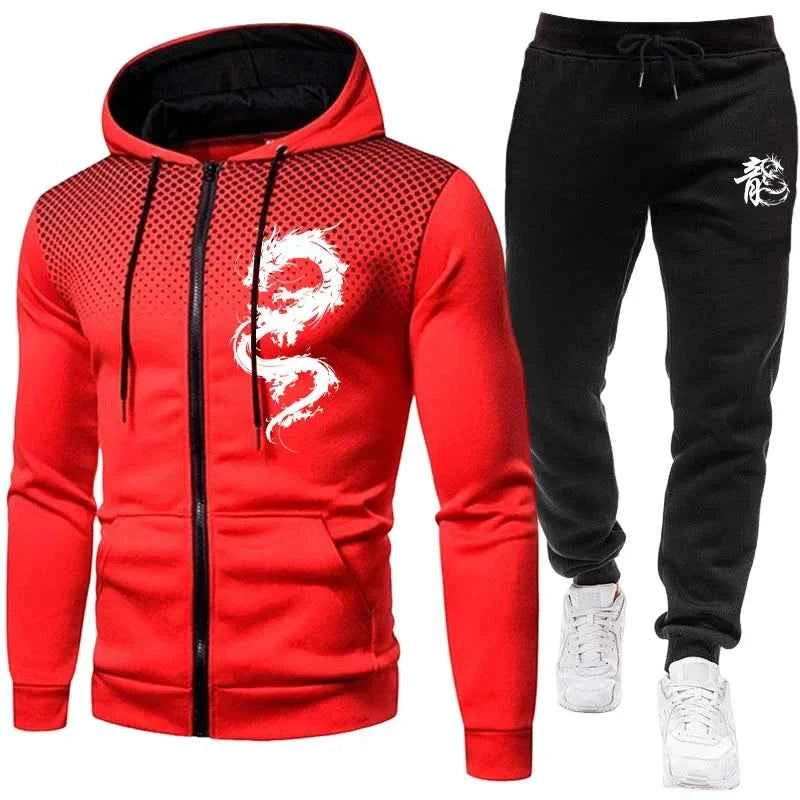 Men's Dragon Print Tracksuit - Urban Casual Fashion Hoodie and Jogger Pants Set for Stylish Comfort
