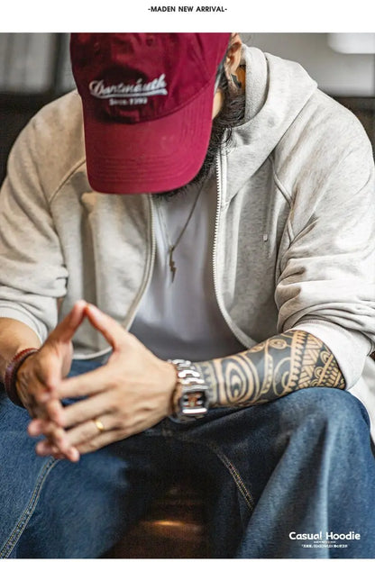 Maden Men's Casual Loose Fit Hoodie Raglan Sleeves Heather Gray Cardigan Ribbed Hem Long Sleeve Outerwear for Spring Fall