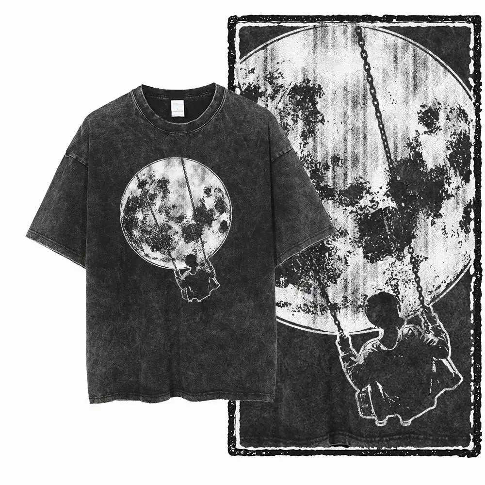 G44 Exclusive 100% Cotton Men's Big Size Space Graphic T-shirt | Acid Washed Streetwear Cool O-neck Men's Tee Tshirt