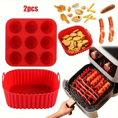 Premium Square Silicone Air Fryer Set, 9-Hole Cake Mold & Pan, Non-Stick Reusable Liner for Oven, Dishwasher Safe