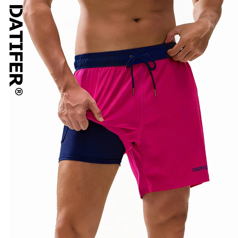 Men's beach embroidery logo boardshorts with long lining, elastic waist, suitable for swimming and gym, featuring a stylish design.