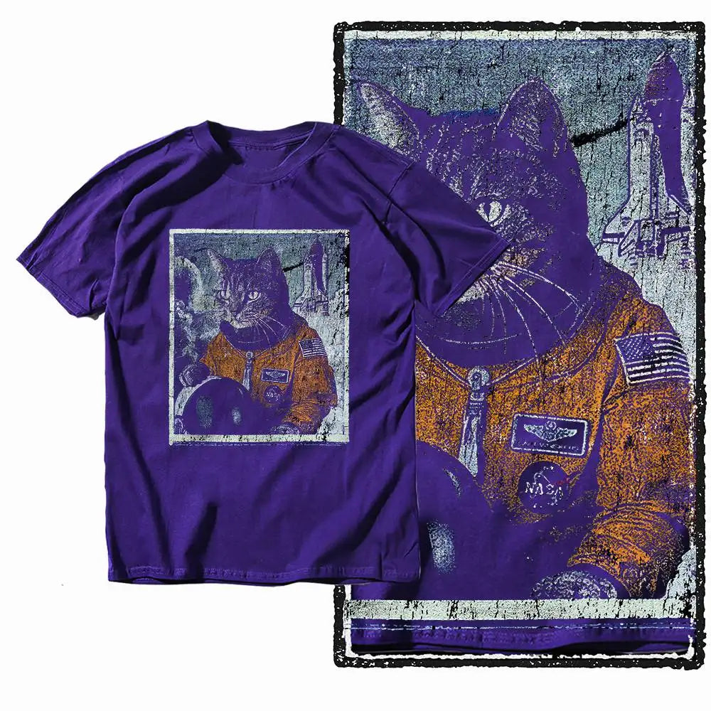G49 Purple Big Size Cool 100% Cotton  Men's Cat Printed Graphic T-shirt |  Streetwear O-neck men's Tee Tshirt