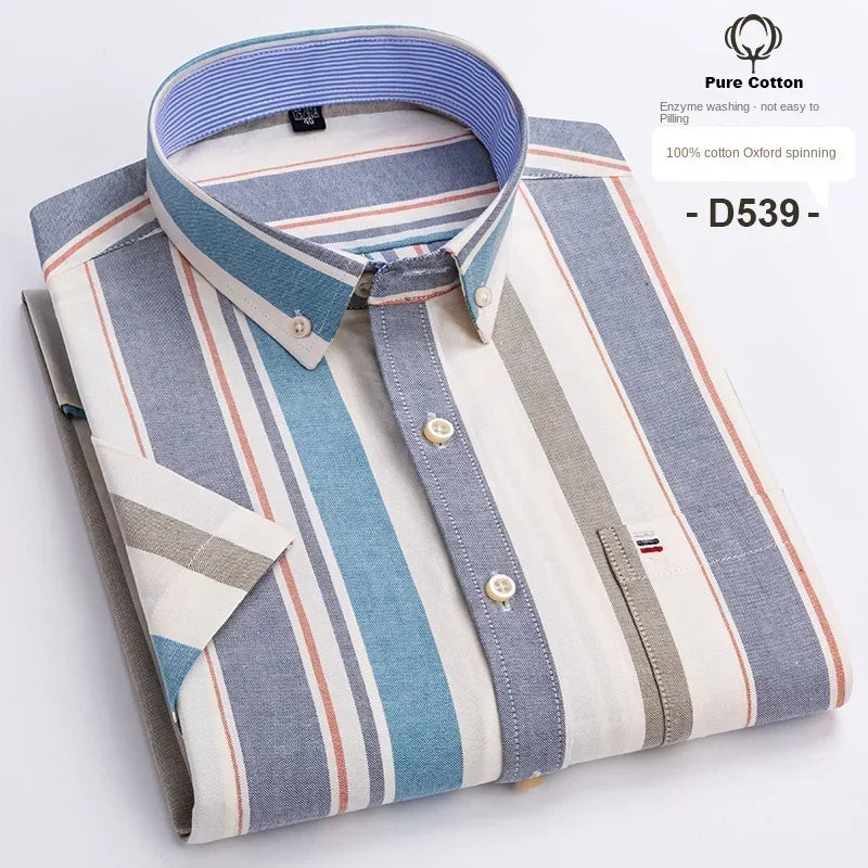 100% Cotton Men's Breathable Cotton Plaid Shirt - Short Sleeve Oxford Summer Striped Regular Fit Oversized Clothing