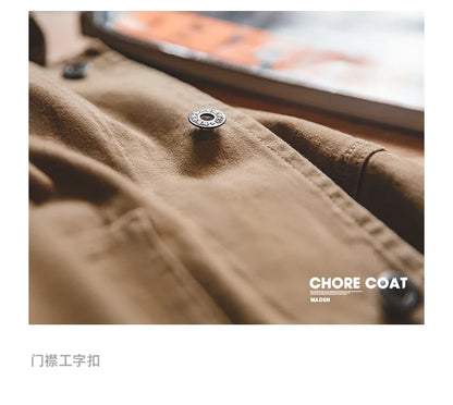 Maden Heavyweight Twill Fabric Four-pocket Chore Coat for Men Khaki Color Turn-down Collar Utility Jacket Male Autumn Jackets