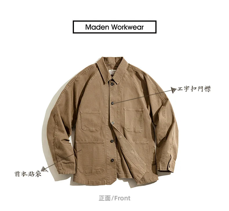 Maden Heavyweight Twill Fabric Four-pocket Chore Coat for Men Khaki Color Turn-down Collar Utility Jacket Male Autumn Jackets