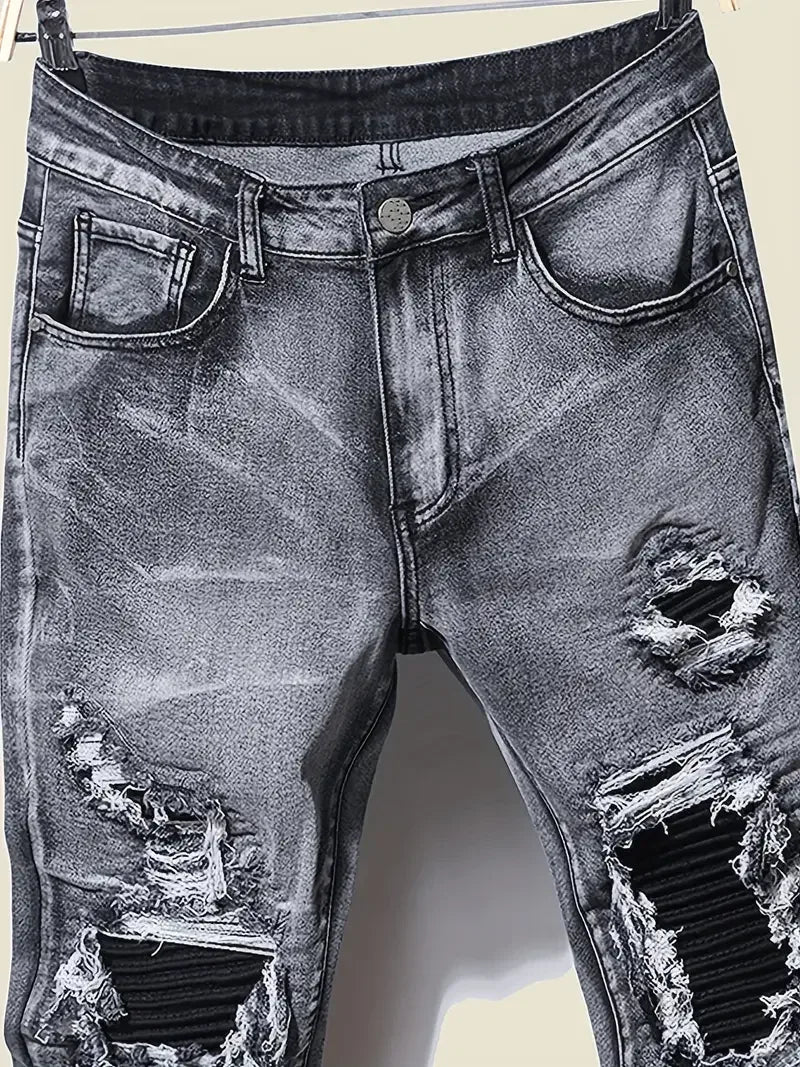 Men's Skinny Jeans With Patchwork Holes - ShopHub