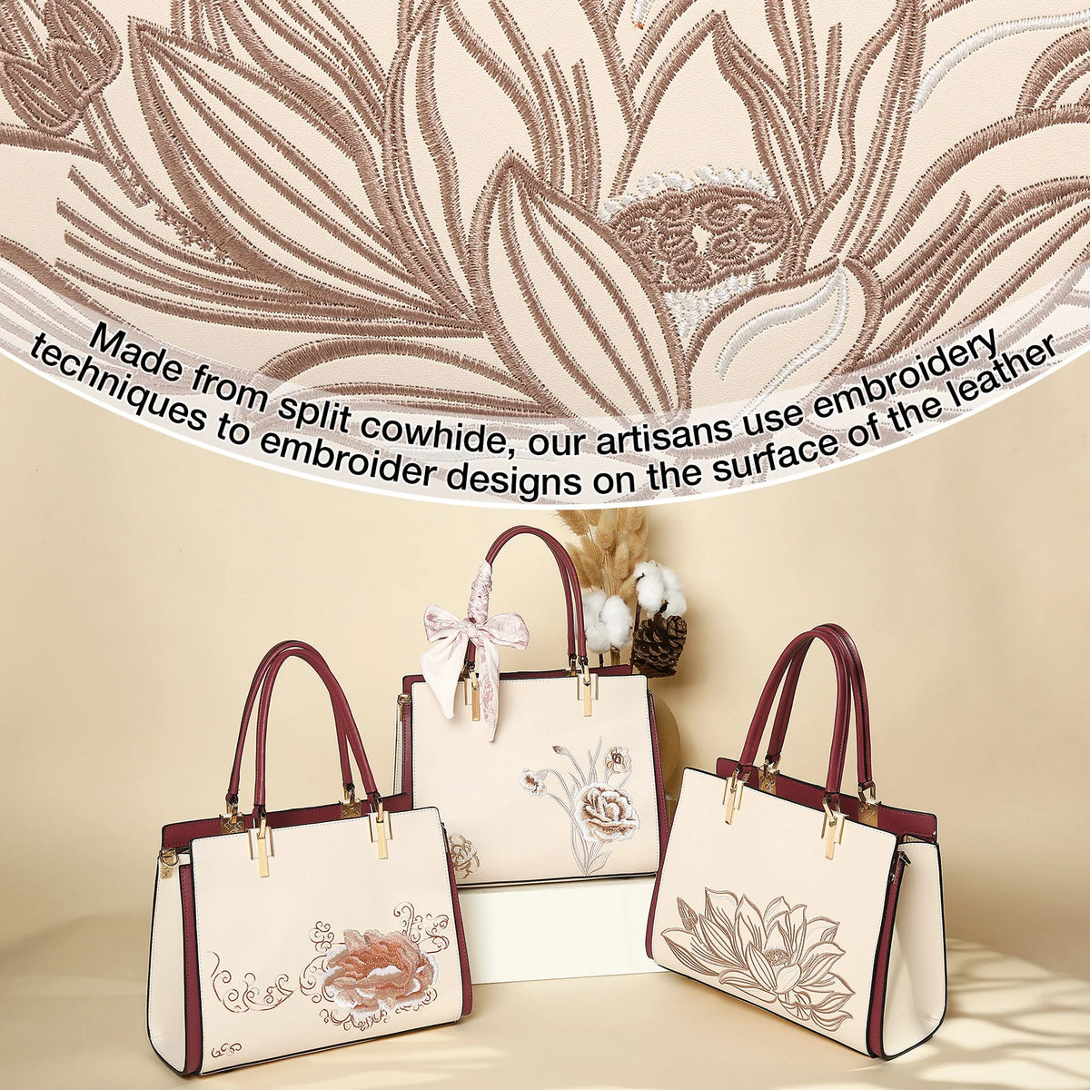 FOXER Luxury Embroidery Women's Handbag Split Leather Elegant Lady Tote Bag Chinese Style Shoulder Bag Best Mother's Day Gift