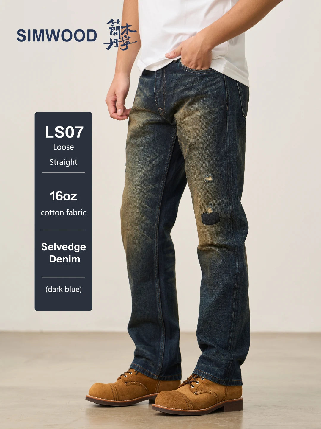 SIMWOOD 2026 Spring New Loose Straight 16oz Heavyweight Selvedge Denim Jeans Men Vintage Distressed Ripped Jeans