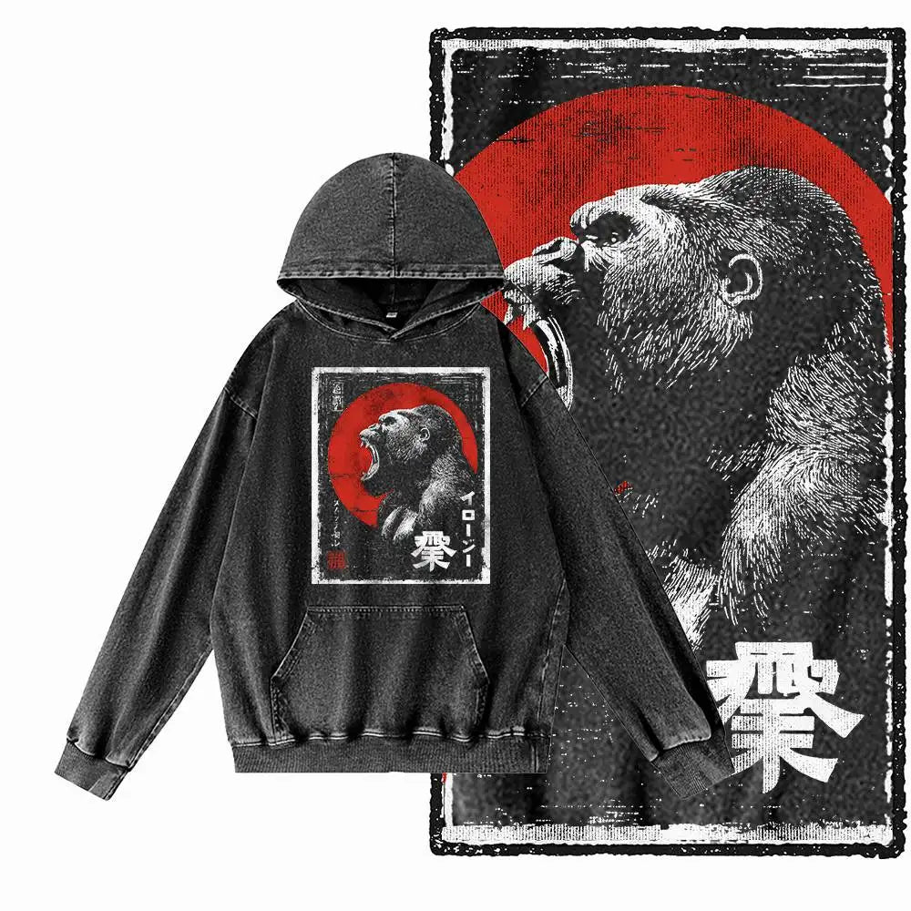 Dragon Strike Acid-Washed Black Graphic Hoodie