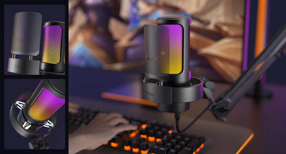 FIFINE USB Microphone for recording and streaming, with a sleek black design and adjustable stand on a desktop.