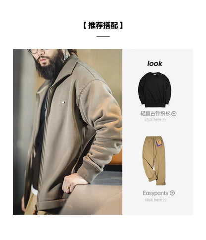 Maden Men's High Neck Warm Jacket Polar Fleece Lining Thickened Coat Casual Sports Style Cardigan Sweater Vintage Tennis Jacket