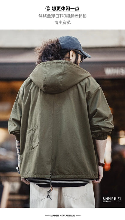 Maden Vintage Green M51 Hooded Jacket Loose Fishtail Short Overcoat Men's Versatile Outwear with Pockets Hidden Button Placket
