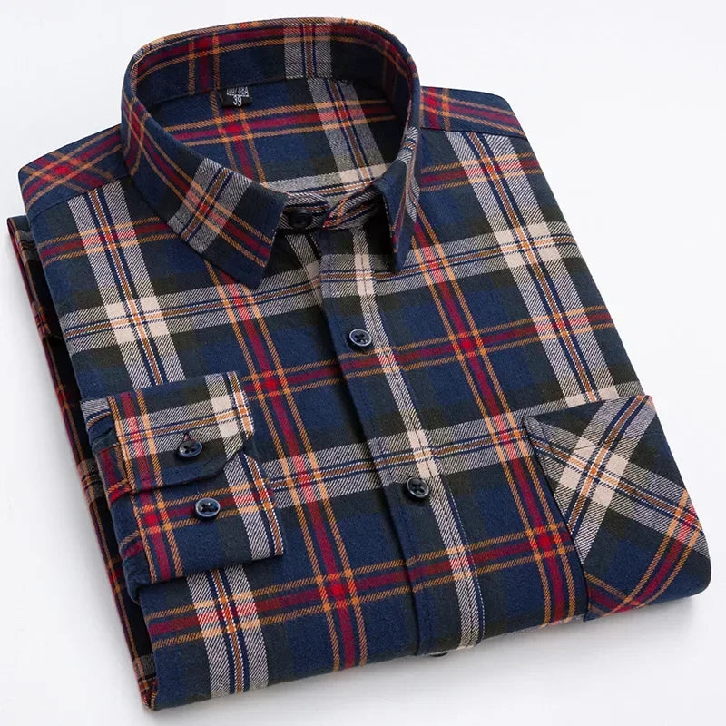 Pure Cotton Men's Plaid Shirt - Oversized Long Sleeve Casual Shirt for Plus Size