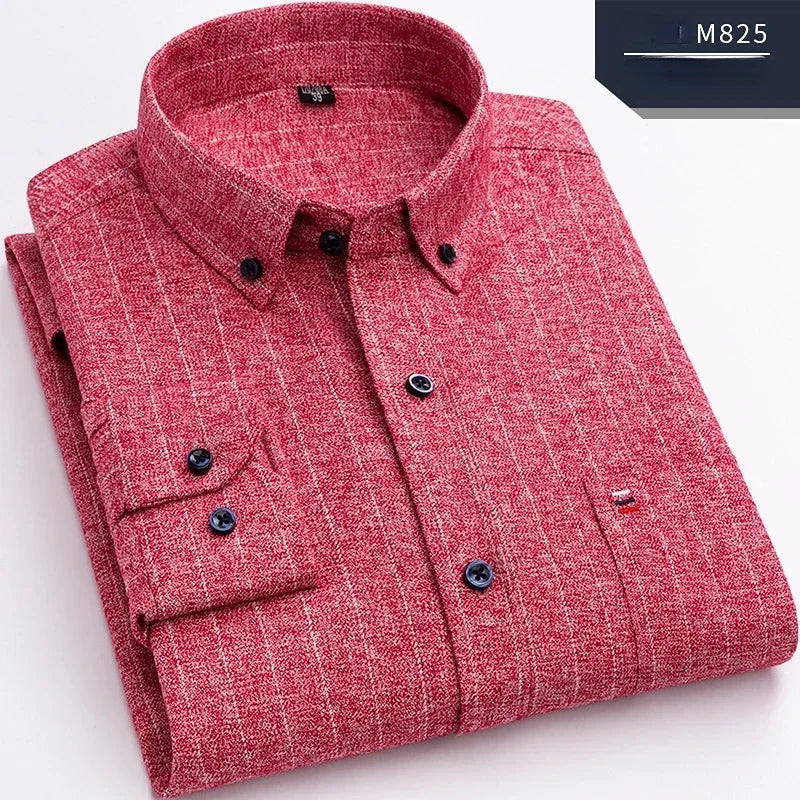 Pure Cotton Men's Plaid Shirt - Oversized Long Sleeve Casual Shirt for Plus Size