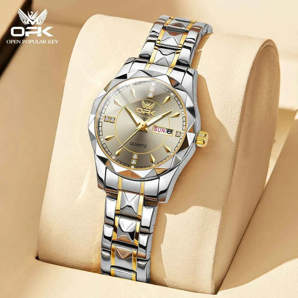OPK 8151 Unisex Quartz Watch Waterproof Luminous Stainless Steel Automatic Date Dual Calendar Design