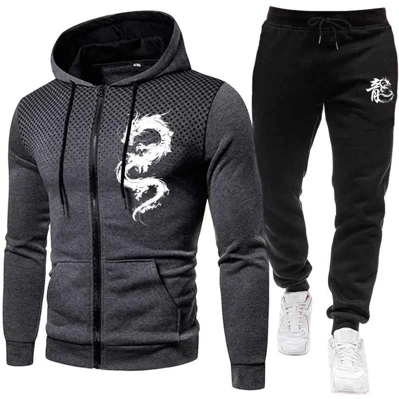 Men's Dragon Print Tracksuit - Urban Casual Fashion Hoodie and Jogger Pants Set for Stylish Comfort