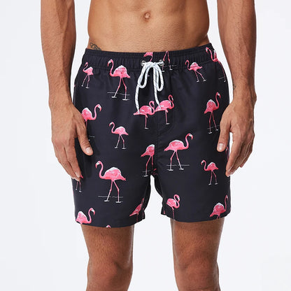Men's polyester boardshorts by ShopHub NZ featuring colorful beachwear print, ideal for surfing, swimming, and fitness activities.