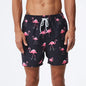 Men's polyester boardshorts with quick-dry fabric, colorful print, mesh liner, and adjustable waistband for beach, surfing, or gym use.