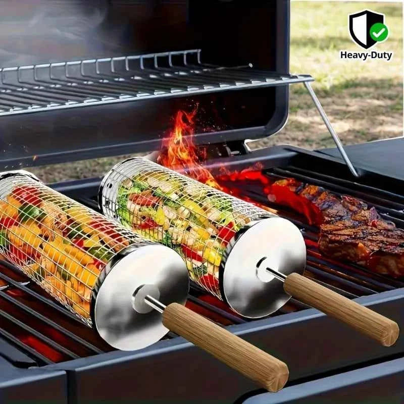 2-Piece Stainless Steel BBQ Grill Set with Wood Handle & Hook, Heavy Duty Portable Outdoor Camping Cooking Tool
