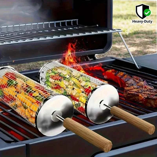2-Piece Stainless Steel BBQ Grill Set with Wood Handle & Hook, Heavy Duty Portable Outdoor Camping Cooking Tool