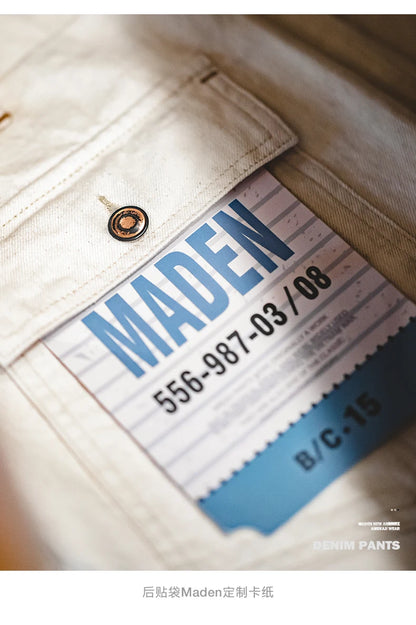 Maden Men's Vintage 11.2oz White Cottonseed Hull Jeans Casual Baggy Fit Straight Trousers for Spring and Fall Chino Cargo Pants