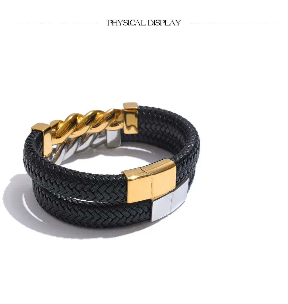 65mm Leather Metal Twisted Chain Handmade Wide Bracelet Bangle - ShopHub