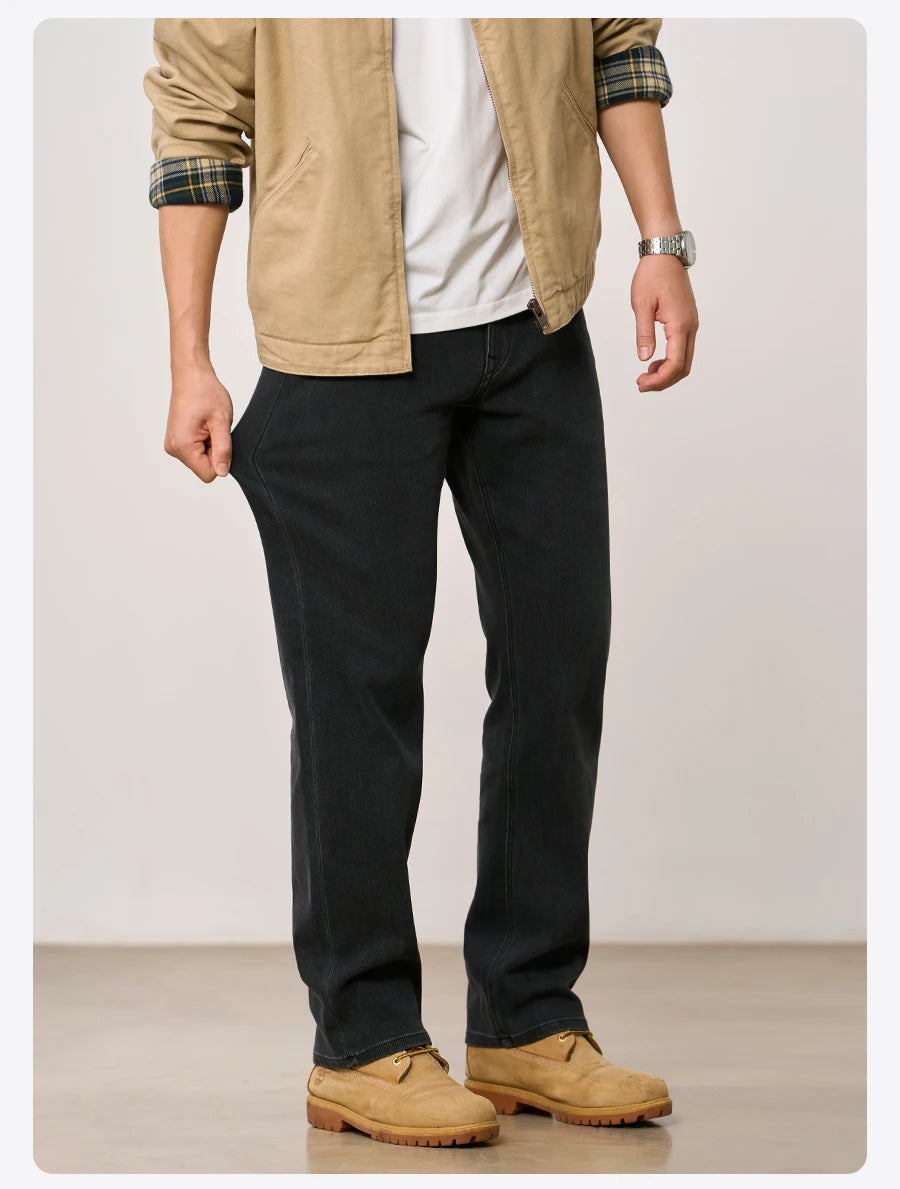 SIMWOOD 2026 Autumn New Loose Straight 13oz Elastic Fabric Jeans Men Washed Vintgae Basic Black Denim Trousers