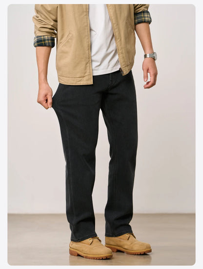 SIMWOOD 2026 Autumn New Loose Straight 13oz Elastic Fabric Jeans Men Washed Vintgae Basic Black Denim Trousers