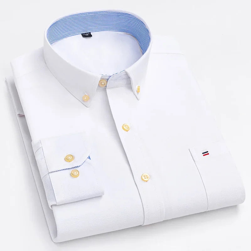 Casual Pure Cotton Oxford Men's Shirt Long Sleeve Plain Solid Regular Fit Fashion Button Dress Shirt