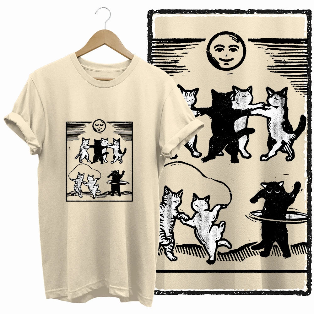 COOLMIND 100% Cotton Beige Cat Print Exclusive Graphic Women T Shirt Big Size Loose Cotton Cat Lover Women T Shirt Lovely Cat Te