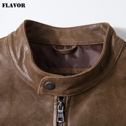 FLAVOR Men's Brown Leather Moto-Style Jacket