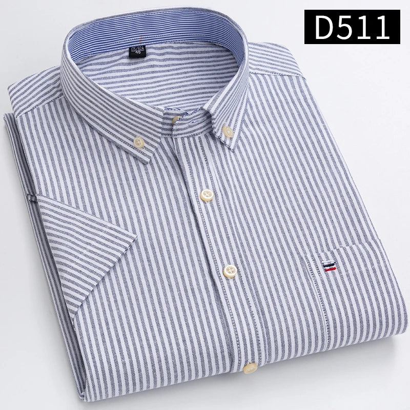 100% Cotton Men's Breathable Cotton Plaid Shirt - Short Sleeve Oxford Summer Striped Regular Fit Oversized Clothing
