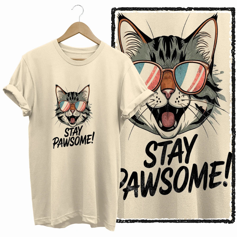 COOLMIND 100% Cotton Beige Cat Print Exclusive Graphic Women T Shirt Big Size Loose Cotton Cat Lover Women T Shirt Lovely Cat Te